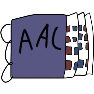 a purplish grey spiral bound binder that says AAC and has three pages sticking out 